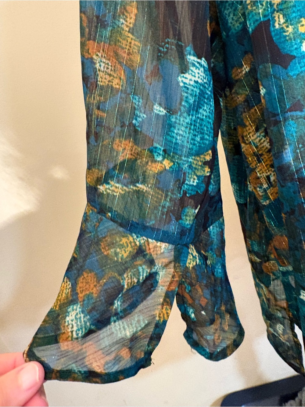 Sheer Teal & Gold Floral Tie-Neck Blouse-with Glimmering Silver Threading! - Picture 6 of 16